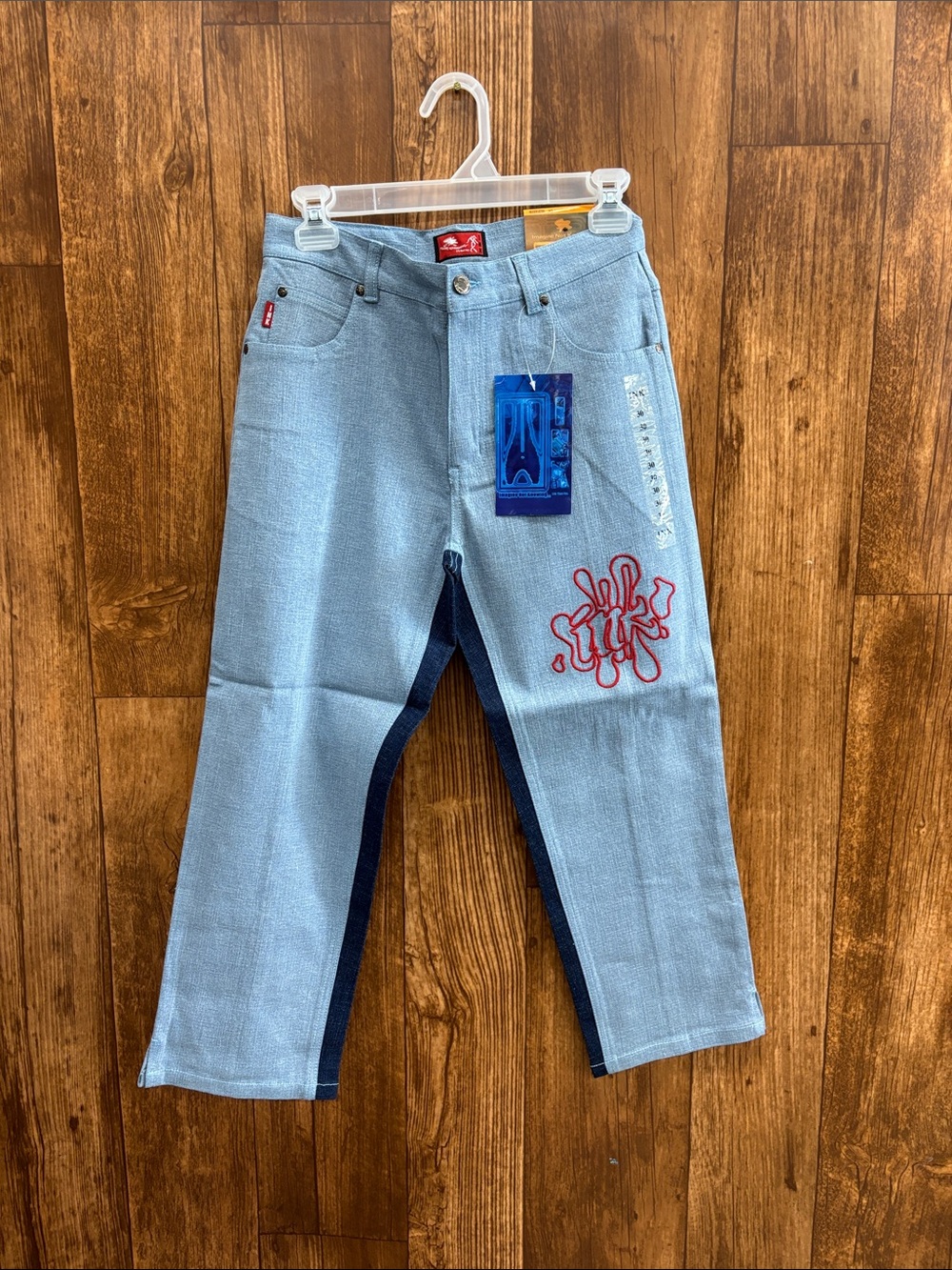 NWT ink Straight Leg Light Blue Two-Tone Denim Jeans with Red Embroidery